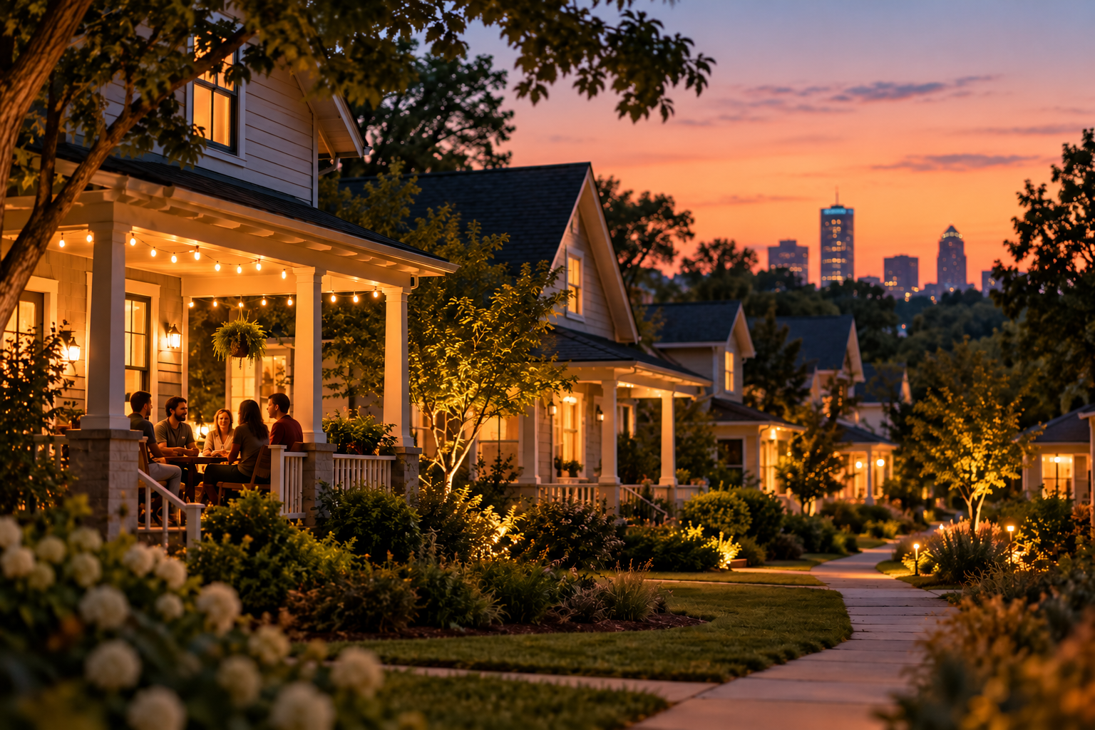 Friends gathered on a warm porch at twilight with the city skyline behind
