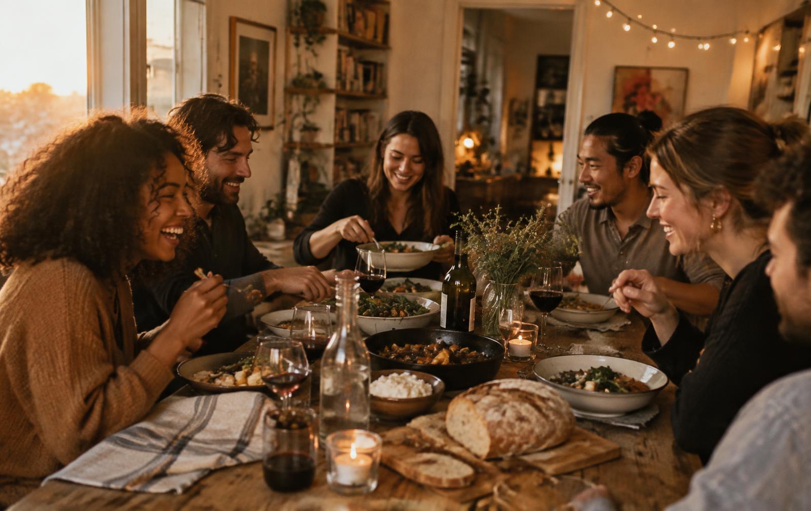 Friends sharing a meal around a long wooden table